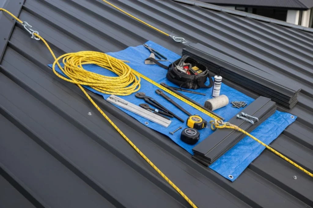 Professional roofing tools and safety equipment prepared by Roofing Roofing Company Paraparaumu licensed roofing specialists