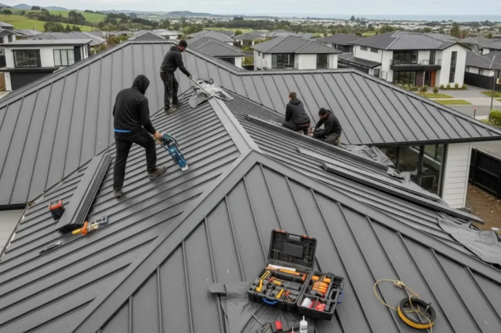 Roofing Porirua team installing a metal roof with professional tools and proven workmanship on site