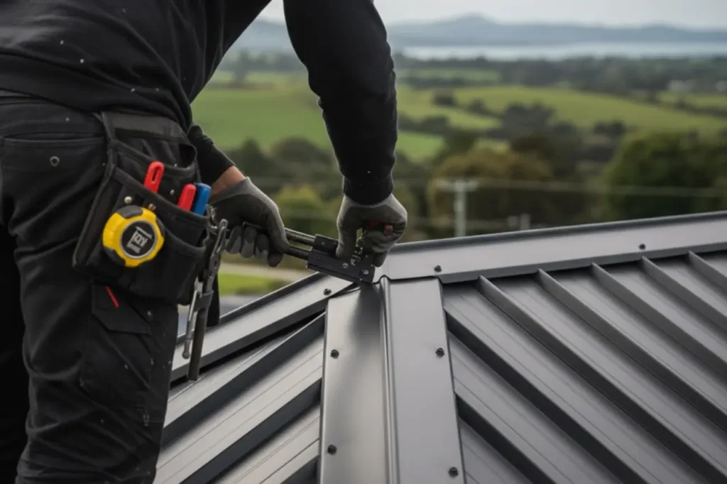 Close up metal roof installation by Roofing Porirua showing skilled workmanship from Roofing Specialists Porirua