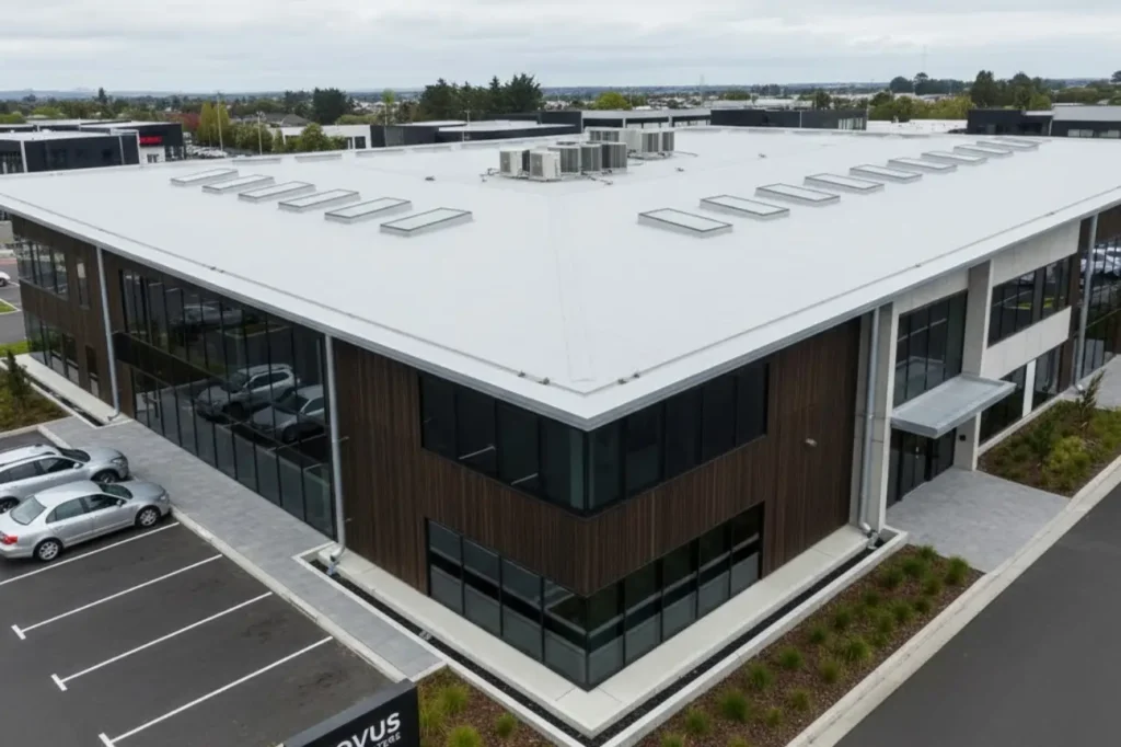 Roofing Upper Hutt commercial roofing installation on a modern office building with a flat roofing system