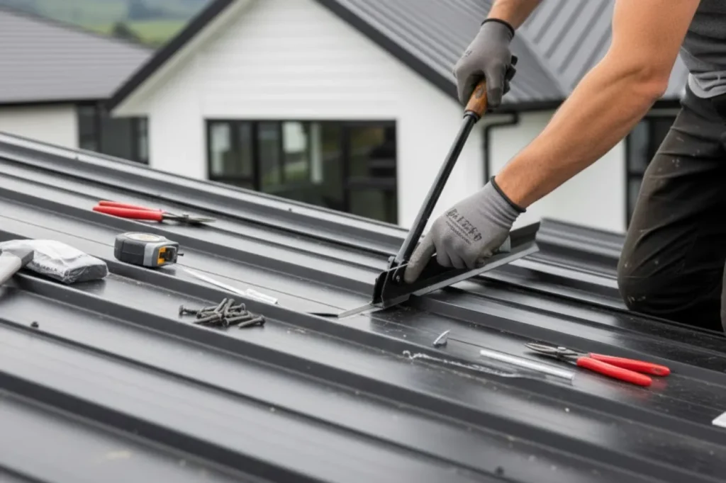 Roofing Upper Hutt roofer installing metal roofing panels with precision and professional workmanship