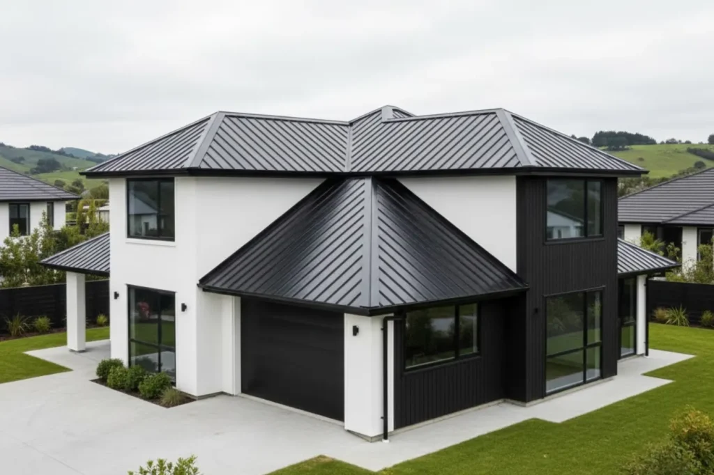 Roofing Upper Hutt metal roof replacement completed on a modern two storey home with clean lines and durable materials