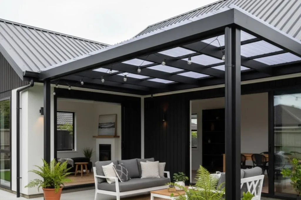 Roofing Upper Hutt patio roofing design featuring a modern covered outdoor living area with metal roofing