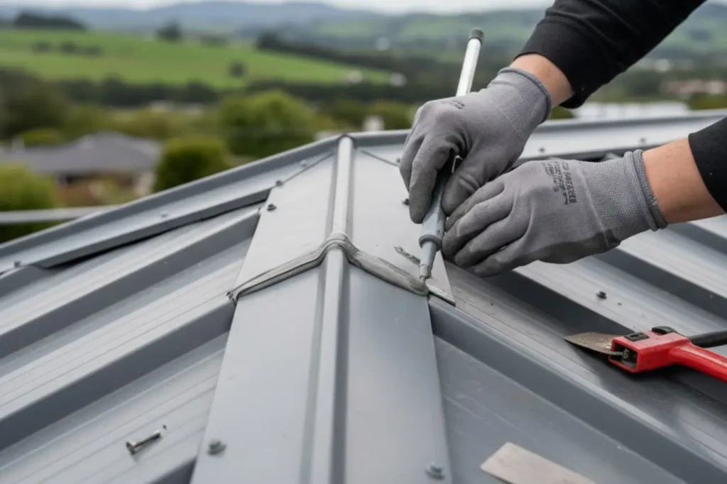 Roofing Upper Hutt roof repairs being carried out on a metal roof with careful sealing and professional tools
