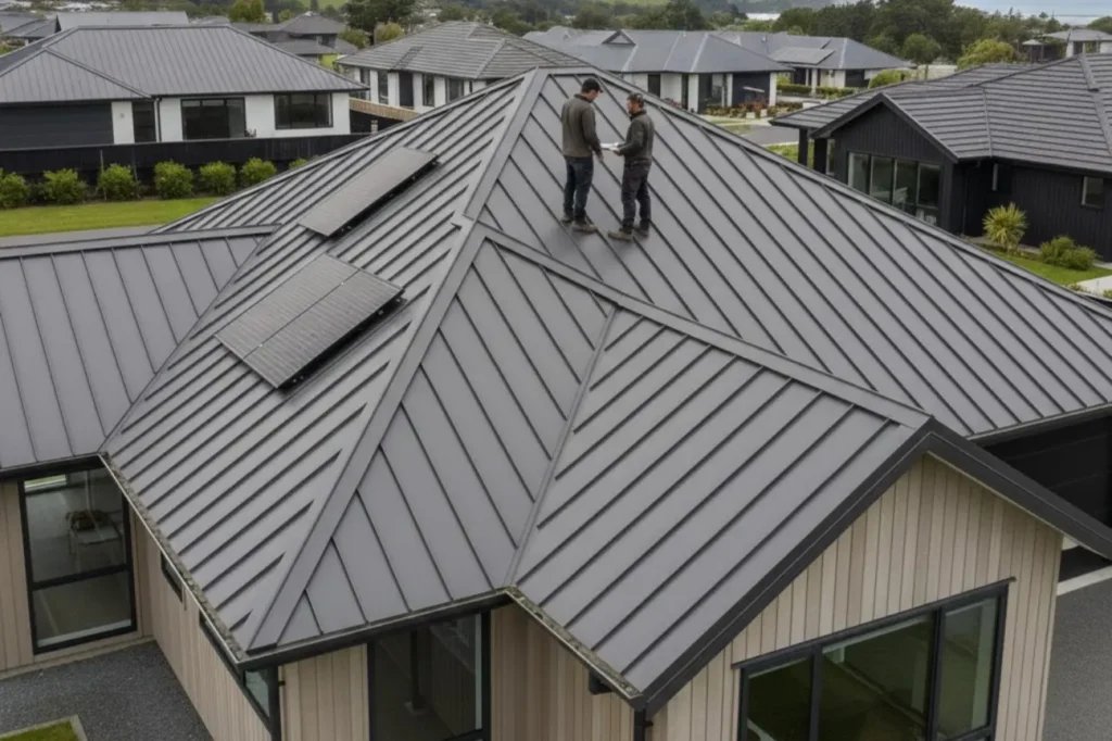Roofing Porirua specialists installing a metal roof on a residential property with precision and safety